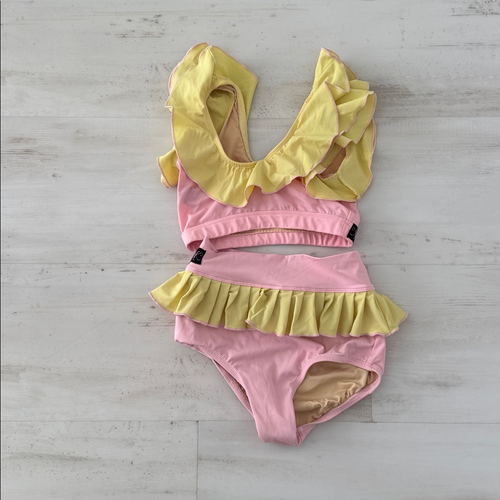 Girls Pink and Yellow Ruffle Two-Piece dance set